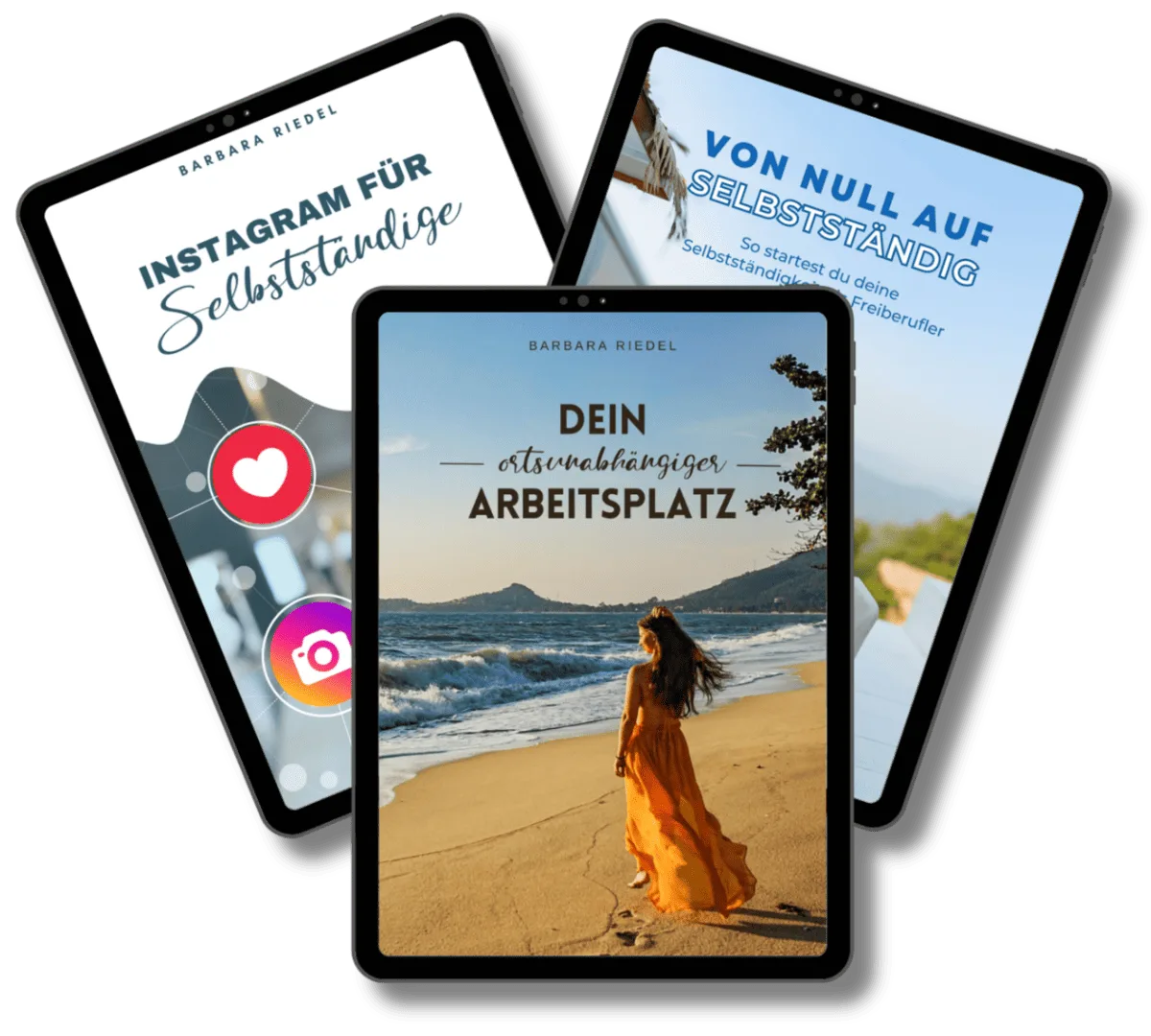Das ultimative Instagram-Bundle – E-Book-Paket zu Instagram 1 Drei Tablets zeigen Bundle-Inhalte: Instagram für Selbstständige, Von Null auf Selbstständig, Dein ortsunabhängiger Arbeitspl