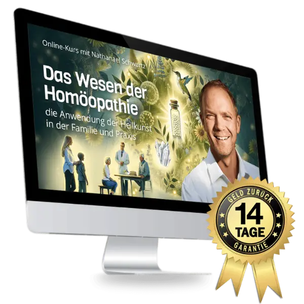Das Wesen der Homöopathie – Videokurs zur Naturheilkunde 5 Monitor-Mockup mit Kurs-Hero zu Homöopathie von Nathanael Schwartz und 14-Tage-Garantie-Siegel