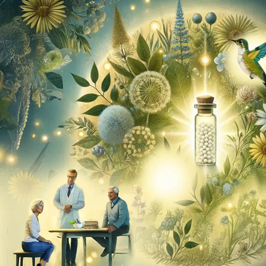 Das Wesen der Homöopathie – Videokurs zur Naturheilkunde 6 Hero-Image mit Globuli-Flasche, Heilpflanzen, Vogel und Patienten mit Therapeut in Konsultation