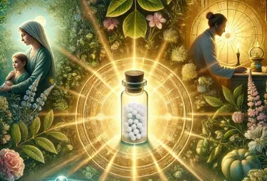 Das Wesen der Homöopathie – Videokurs zur Naturheilkunde 4 Globuli in Glasflasche mit Heilpflanzen und leuchtender Aura, homöopathische Mittel