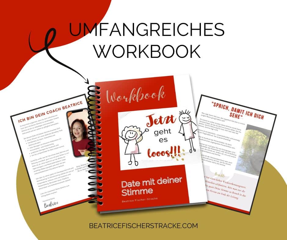 Umfangreiches Workbook zu Date mit deiner Stimme mit spiralgebundenem Notizbuch und aufgeschlagenen Seiten