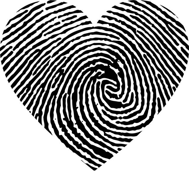 Stilisiertes Herz mit Fingerabdruck-Muster in Schwarz-Weiß