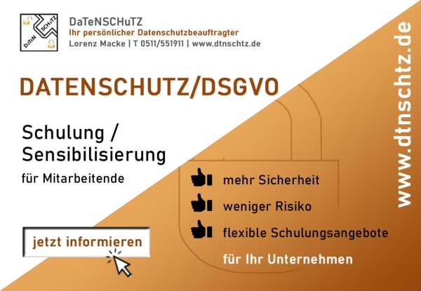 Schulungsplakat Datenschutz/DSGVO für Mitarbeiter von DateNSCHuTZ mit Kontaktdaten und Leistungsmerkmalen