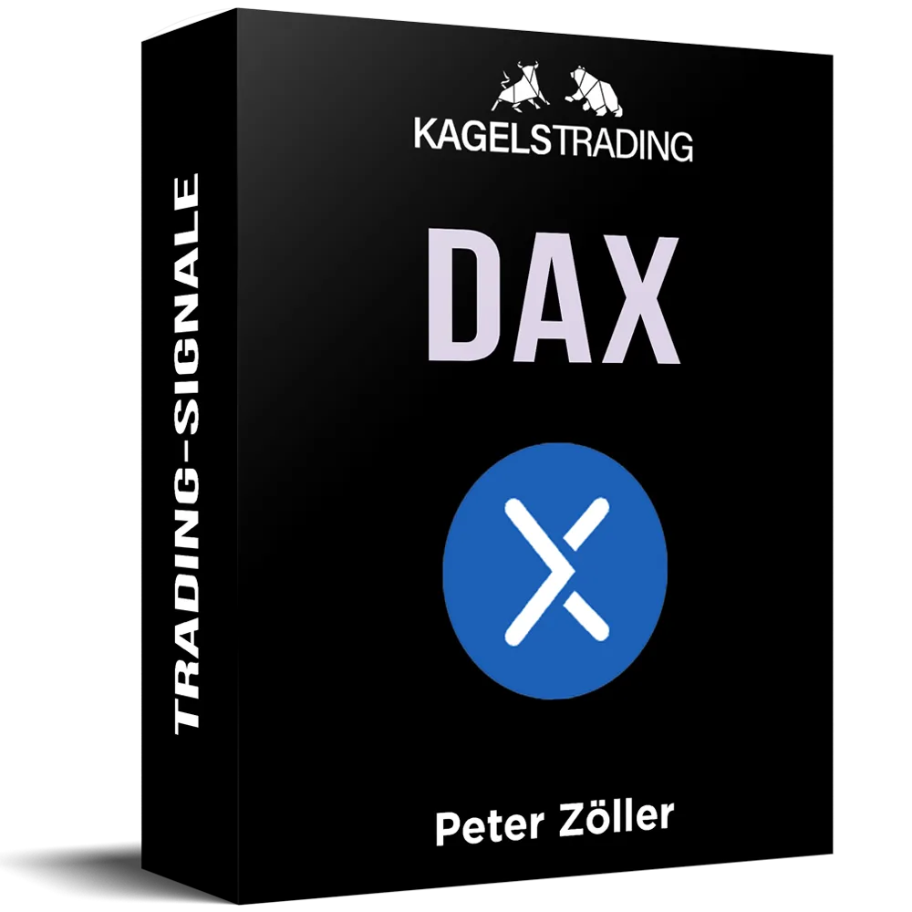 DAX Index Daytrading Signale – Mitgliedschaft mit Live-Setups 7 Produktbox DAX Trading-Signale mit schwarzem Design, blauem X-Symbol, Autor Peter Zöller
