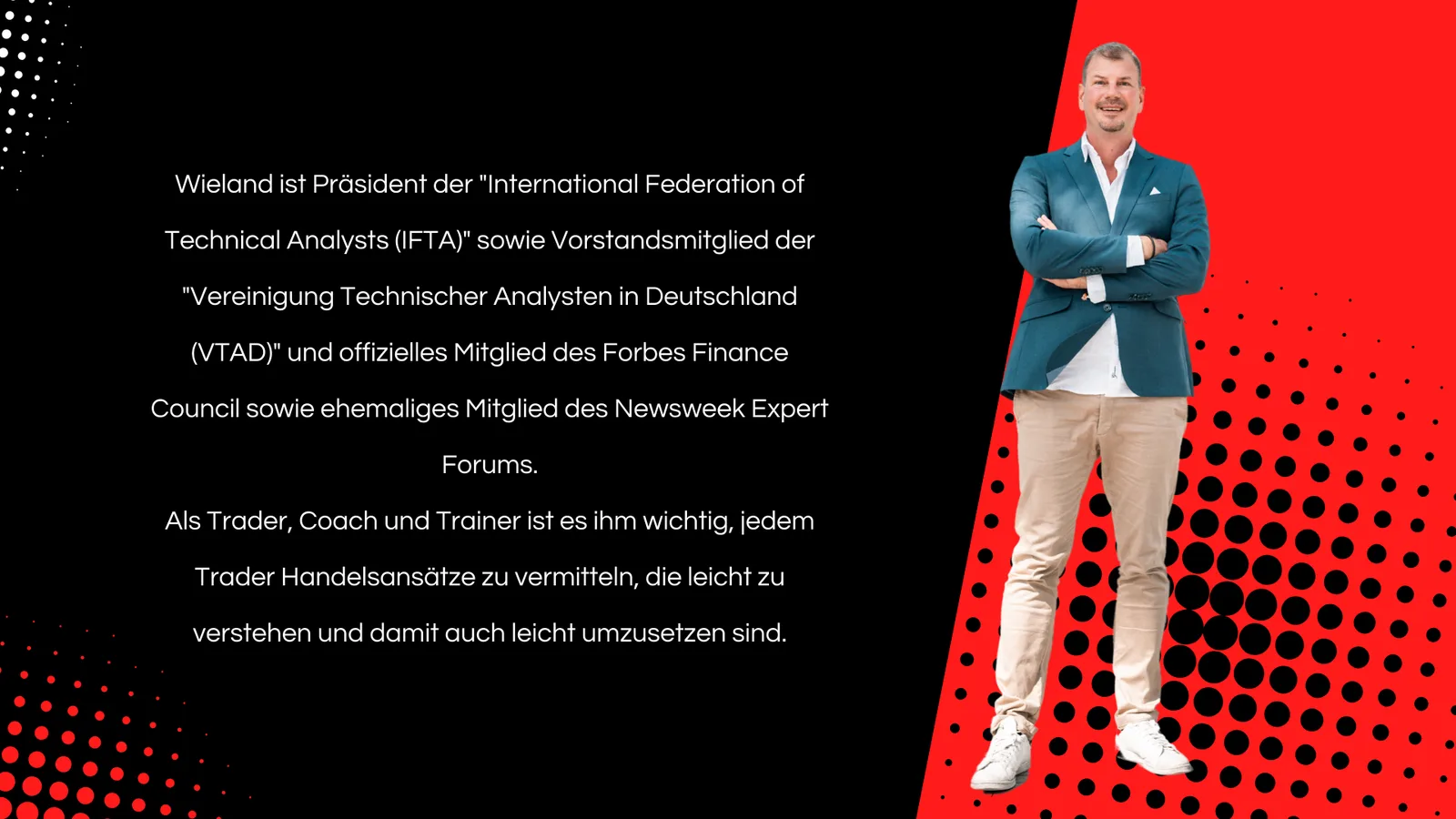 Wieland Arlt in Business-Kleidung vor rotem Hintergrund mit Biografietext