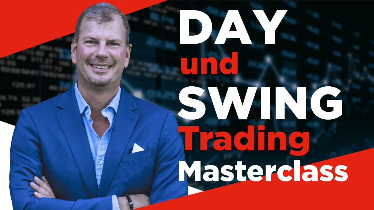 Wieland Arlt mit Text Day und Swing Trading Masterclass auf Finanzmarkthintergrund