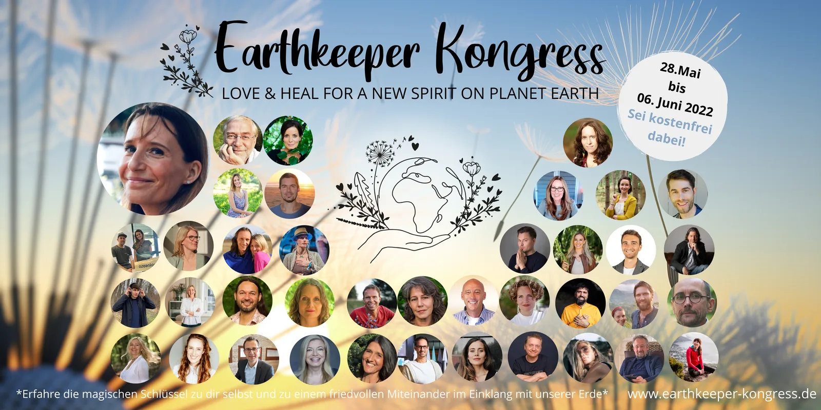 Earthkeeper Kongress 2022 Poster mit Titel, Claim, über 30 Teilnehmer-Porträts und zentraler Grafik von Händen mit Erdball un