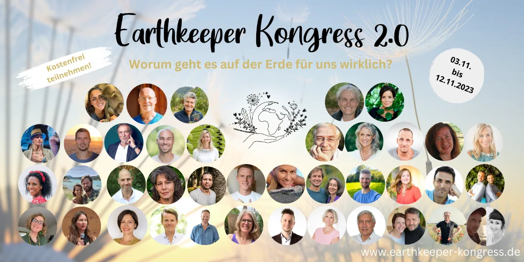 Earthkeeper Kongress 2.0 Banner mit Titel, Claim und über 40 Teilnehmer-Porträts um zentrale Erdball-Grafik