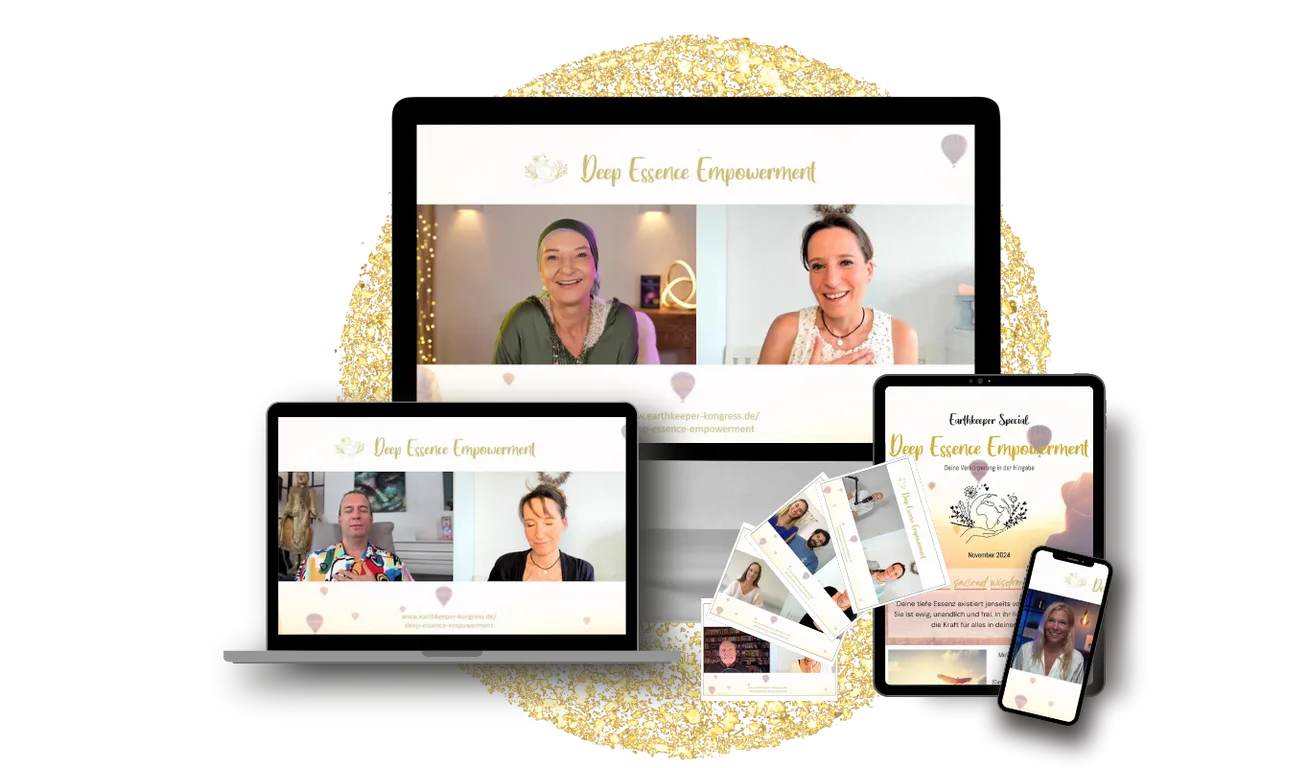 Deep Essence Empowerment Mockup auf mehreren Geräten (Desktop, Laptop, Tablet, Smartphone) mit goldener Glitterumrandung und