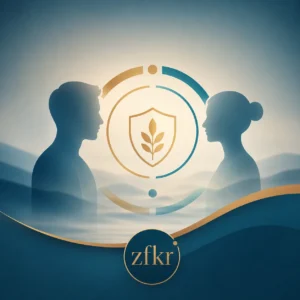 Hero-Grafik zur Deeskalationstrainer Ausbildung mit zwei Silhouetten, Schutzschild und Pflanzensymbol