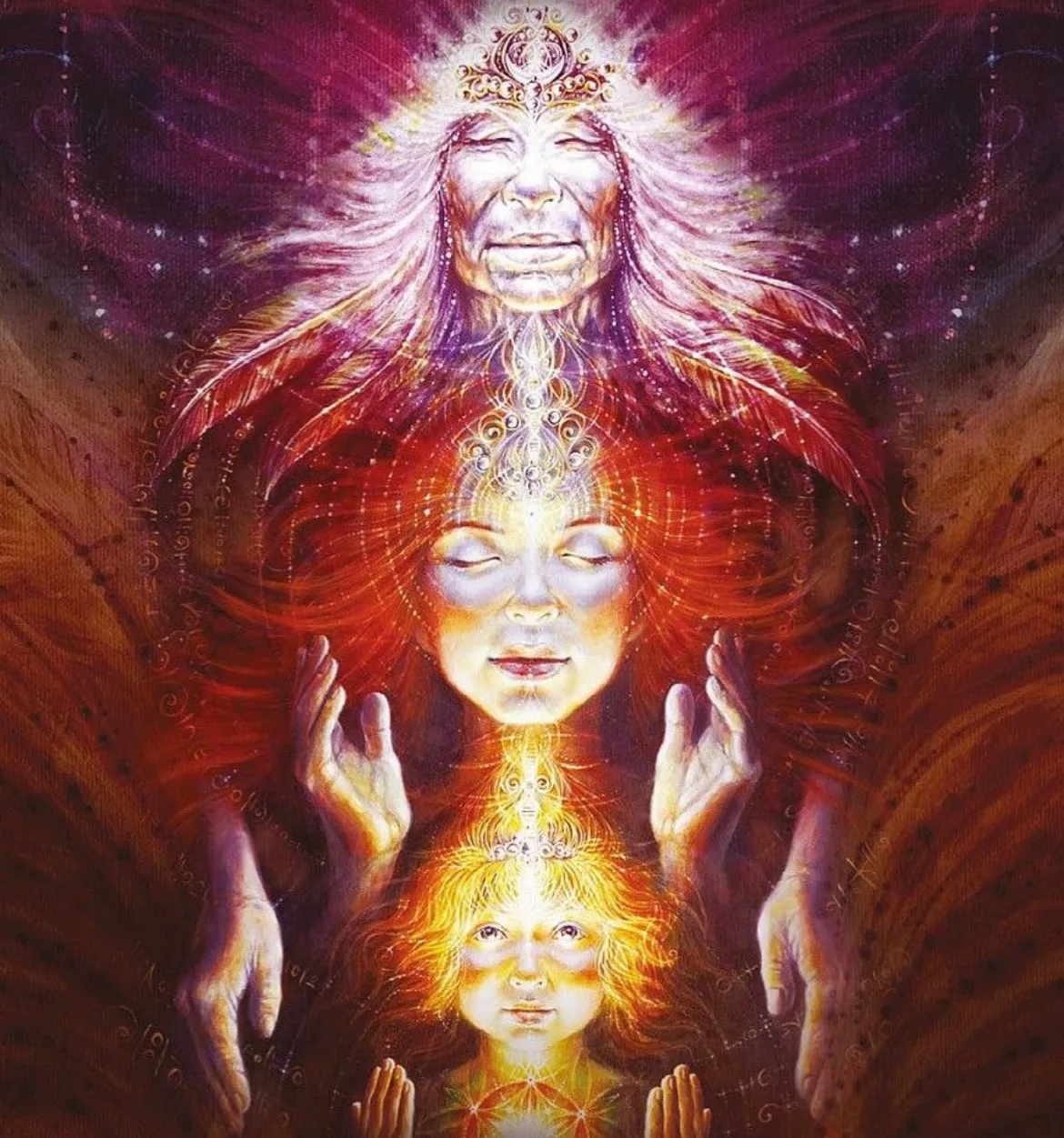 Dein 1. Seelenbaum Rod mit Begleitung – Videokurs zur Ahnenarbeit 1 Spirituelle Illustration: Drei Gesichter in Lichtfluss verbunden, mystisch leuchtend