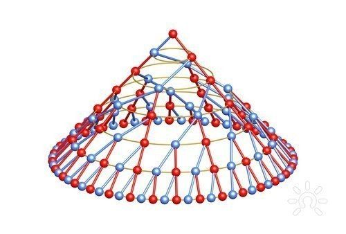 3D-Darstellung einer kegelförmigen Netzwerkstruktur mit roten und blauen Knoten