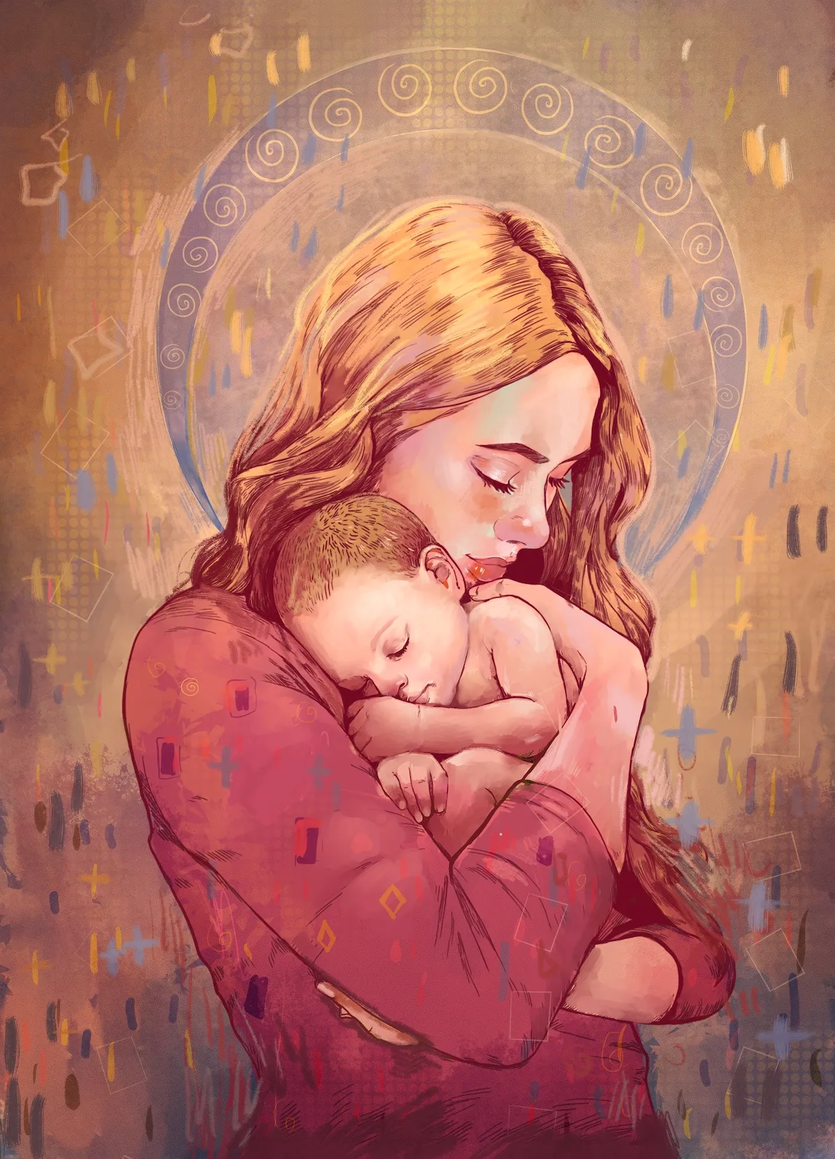 Kunstvolle Illustration einer Frau mit langen roten Haaren, die liebevoll ein Kind in den Armen hält mit goldenem Heiligensch