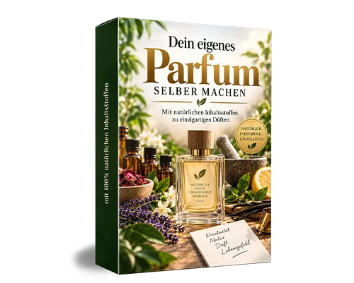 Dein eigenes Parfum selber machen – E-Book zur Duftherstellung 3 E-Book Cover Dein eigenes Parfum selber machen mit Parfümflasche und natürlichen Zutaten