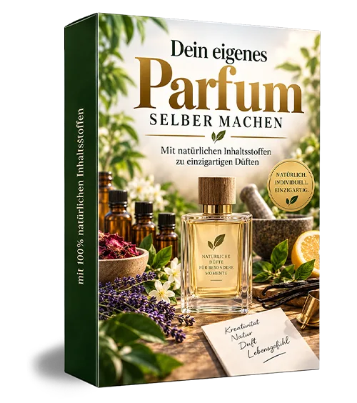 Dein eigenes Parfum selber machen – E-Book zur Duftherstellung 1 E-Book Cover Dein eigenes Parfum selber machen 3D-Buchbox mit grünem Rücken