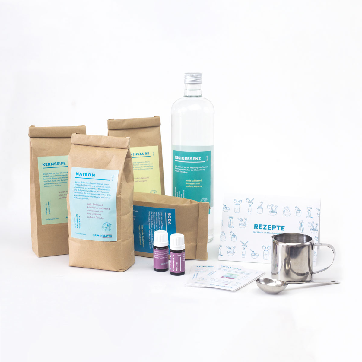 Sauberkasten Basis Starterset mit Papierboxen, Flasche, Rezeptbuch und Zubehör