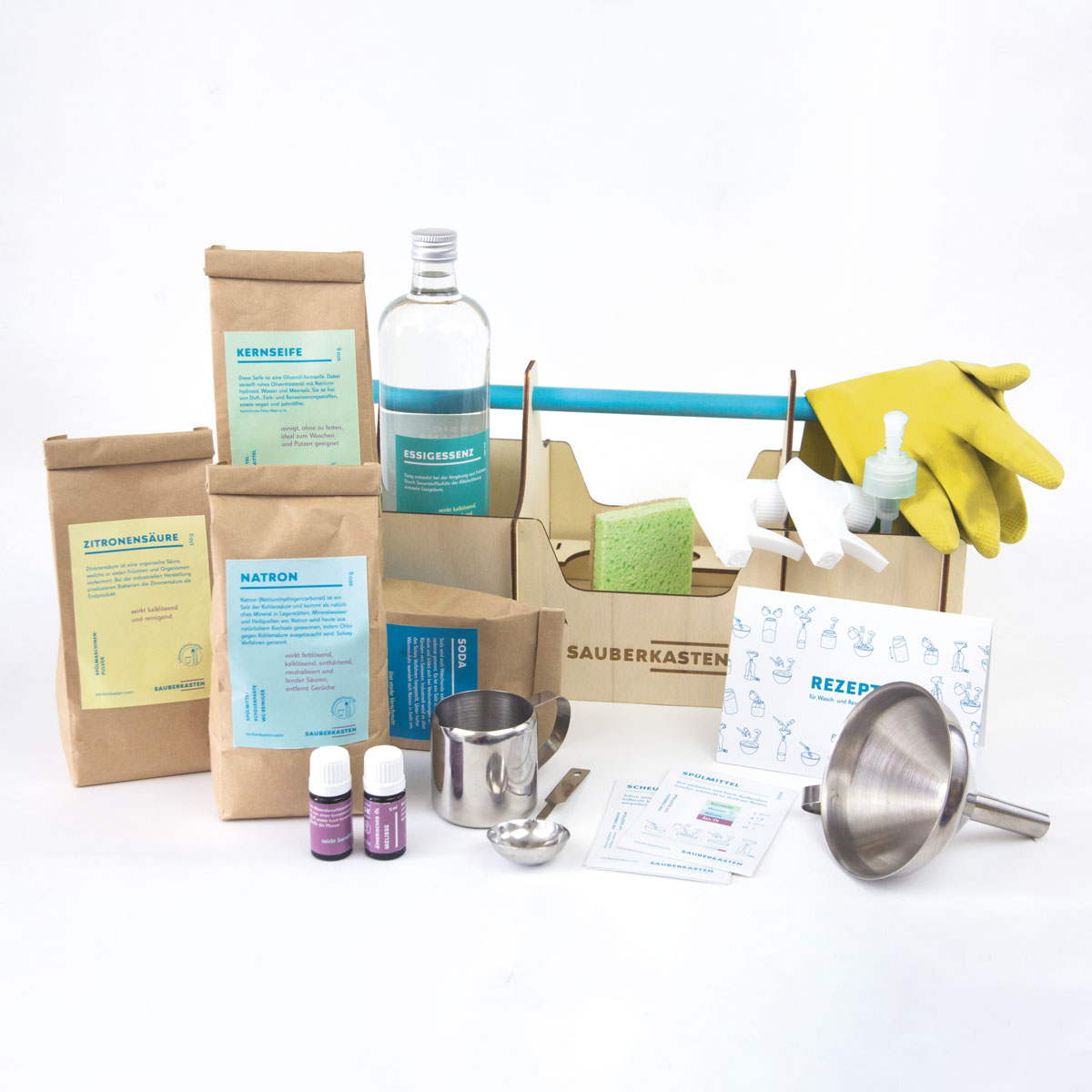 Sauberkasten Premium Set mit Holzbox, Papierboxen, gelben Handschuhen, Flasche und Zubehör