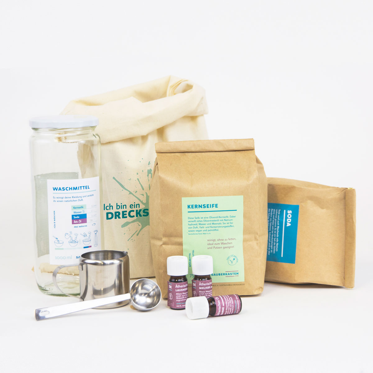 Sauberkasten Vorratspack mit Papierboxen, Gläsern, Löffeln und ätherischen Ölen