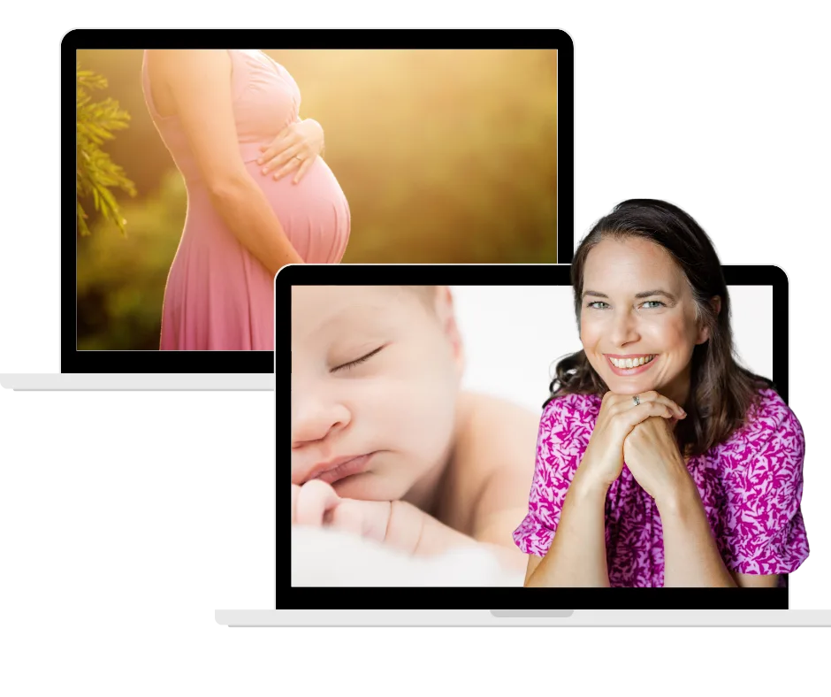 Mockup mit drei Bildschirmen zeigt schwangere Frau, schlafendes Baby und Simone Stalberg