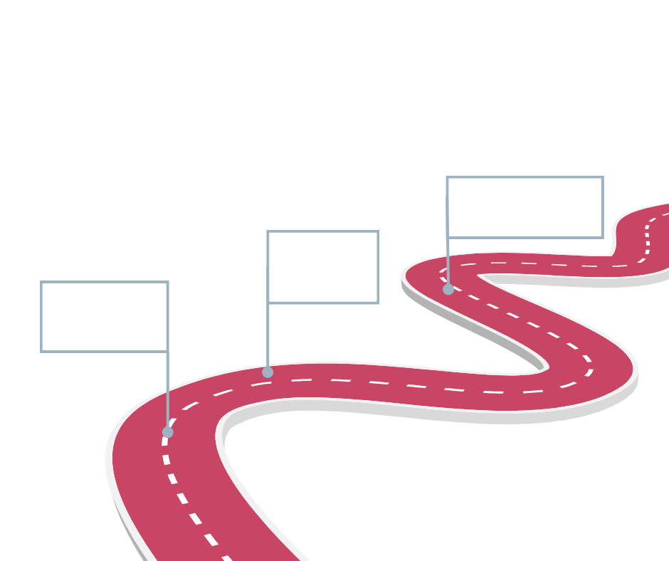 Abstrakte Grafik mit gewelltem pinkrotem Band und mehreren weißen Textfeldern am Weg
