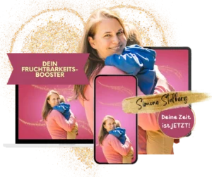 Glamouröse Grafik mit Simone Stalberg holding Baby, Text 'Dein Fruchtbarkeits-Booster', Glitter-Design