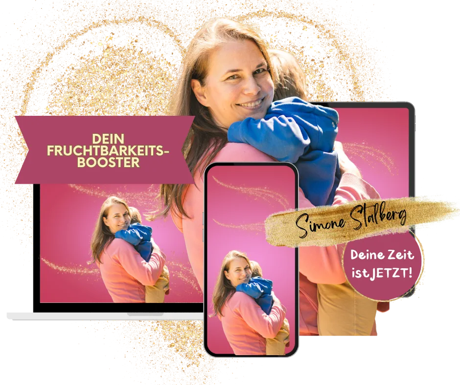 Glamouröse Grafik mit Simone Stalberg holding Baby, Text 'Dein Fruchtbarkeits-Booster', Glitter-Design