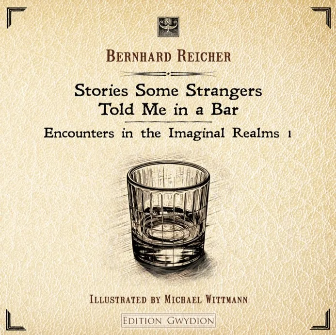 Buchcover Stories Some Strangers Told Me in a Bar mit Whiskey-Glas und Ornamentrahmen