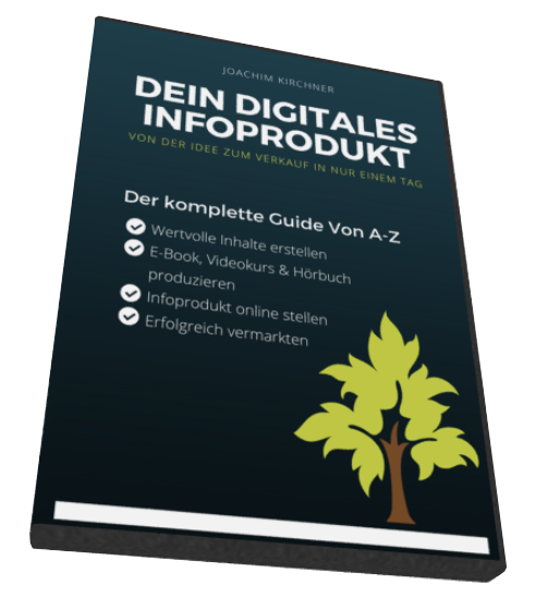 Cover des Buchs 'Dein digitales Infoprodukt' von Joachim Kirchner mit gelben Blättern