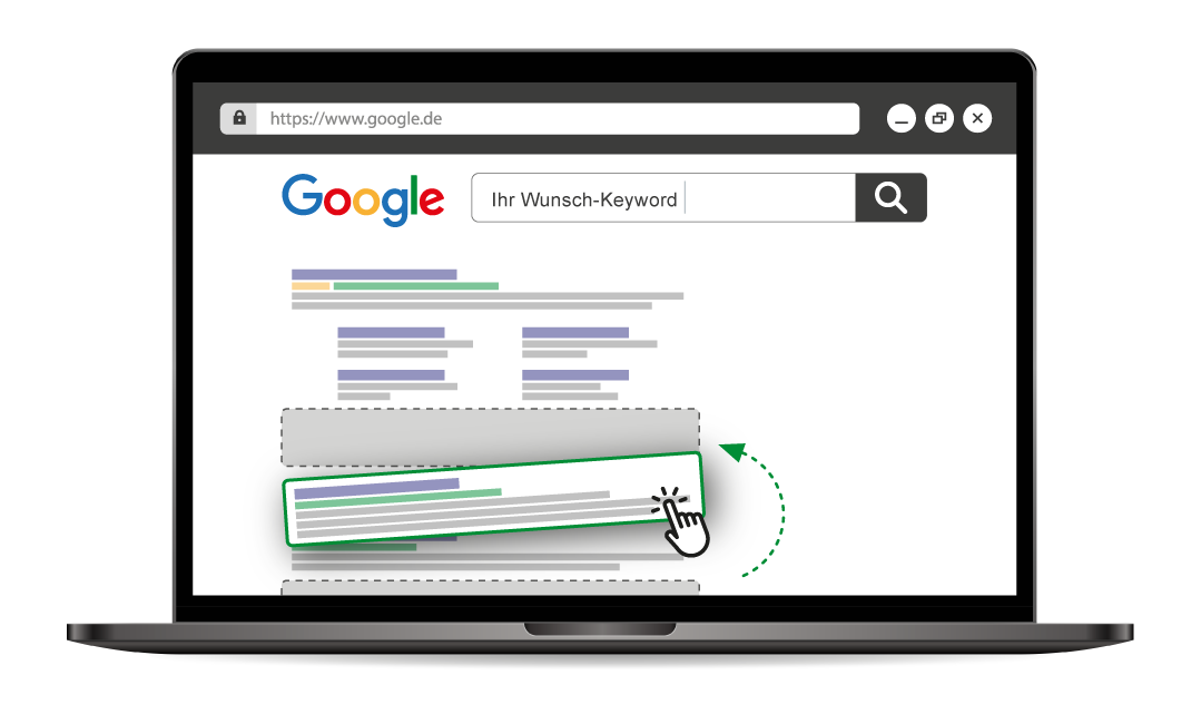 Screenshot Google-Suchergebnis mit Ranking-Visualisierung, Laptop zeigt Suchresultate mit farbigen Balkendiagrammen