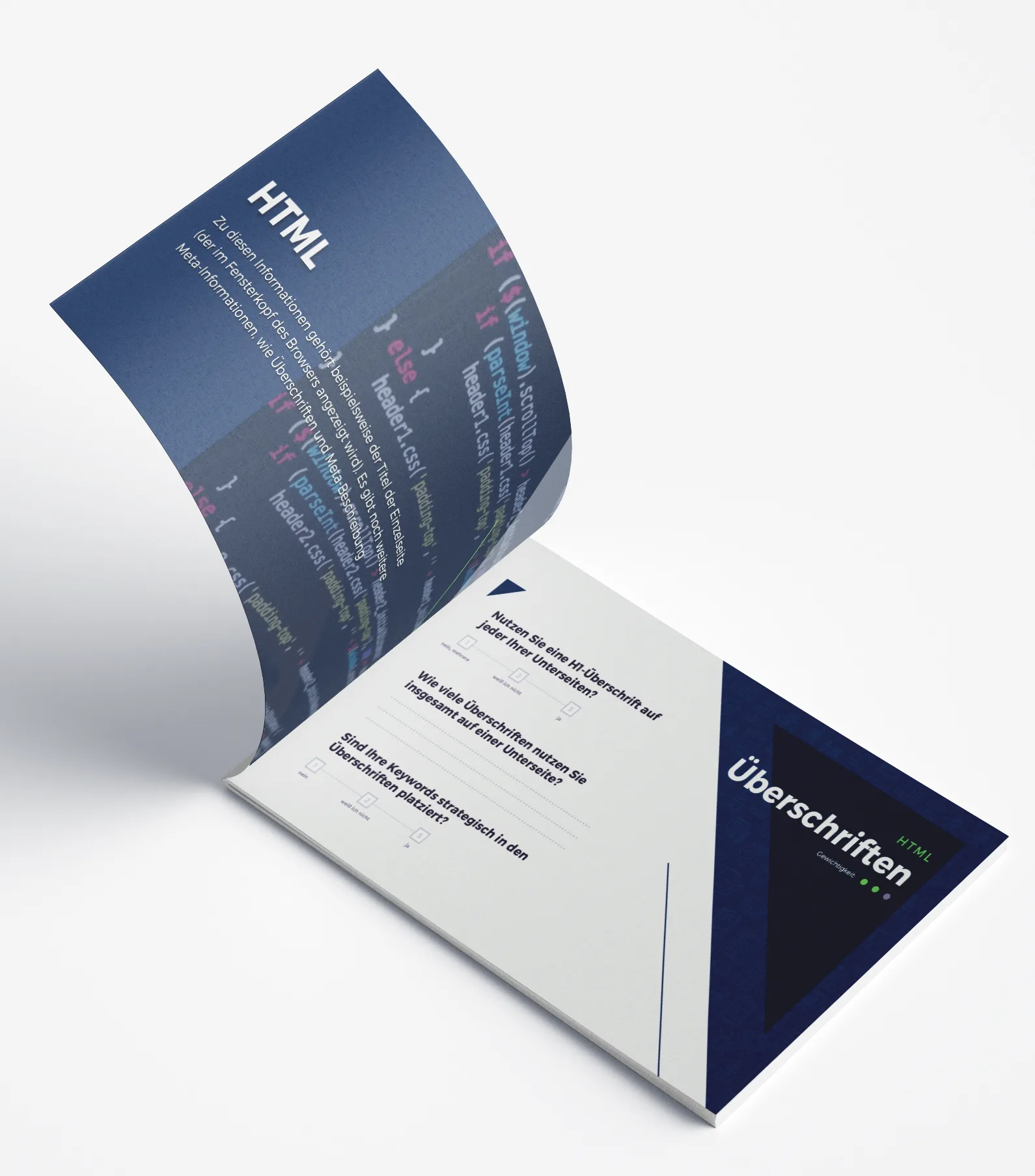 SEO Workbook Mockup mit HTML- und Überschriften-Kapiteln, aufgeschlagenes Workbook zeigt Fragen und Checklisten