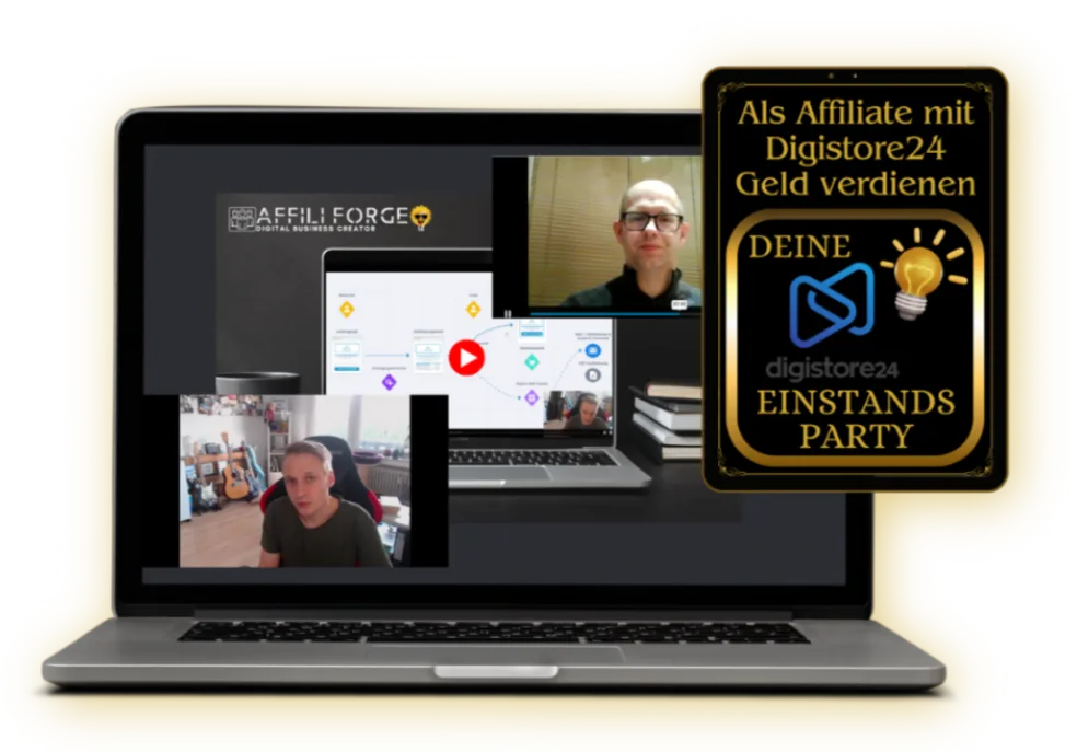 Deine Digistore24 Einstands-Party – Affiliate-Marketing-Videokurs 4 Laptop-Mockup mit Digistore24 Einstands Party Branding und Person im Video