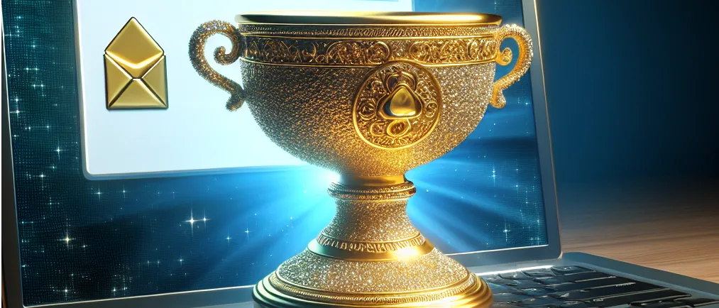 Deine Digistore24 Einstands-Party – Affiliate-Marketing-Videokurs 9 Goldener Pokal mit Email-Symbol auf Laptop-Bildschirm vor glitzerndem Hintergrund