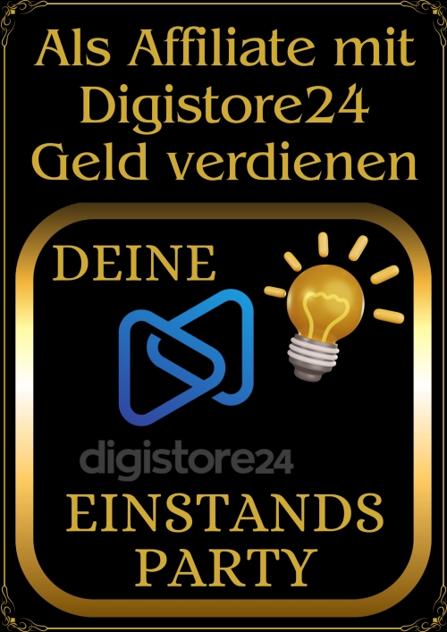 Deine Digistore24 Einstands-Party – Affiliate-Marketing-Videokurs 1 Einstands Party Poster mit Digistore24 Logo und Glühbirnen-Symbol