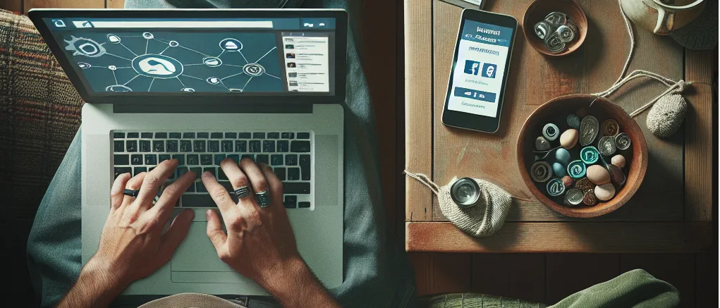 Deine Digistore24 Einstands-Party – Affiliate-Marketing-Videokurs 5 Hände auf Laptop-Tastatur mit Social-Media-Icons und Smartphone auf Schreibtisch