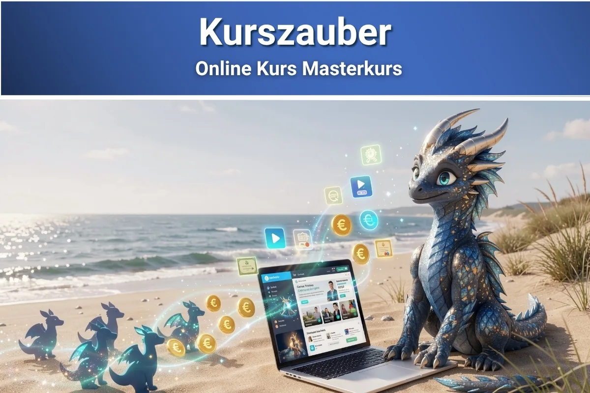 Kurs-Hero mit Drache, Laptop und Online-Icons am Strand – Kurszauber Masterkurs