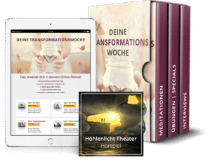 Produktmockup: iPad mit Transformationswoche-Seite, Buch, drei Kursmodule-Boxen und Höhlenlicht-Hörspiel