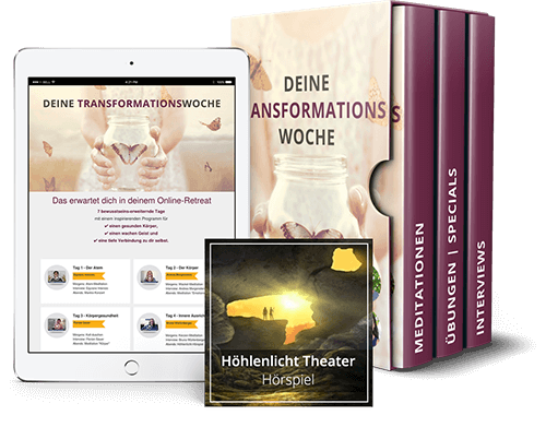 Produktmockup: iPad mit Transformationswoche-Seite, Buch, drei Kursmodule-Boxen und Höhlenlicht-Hörspiel