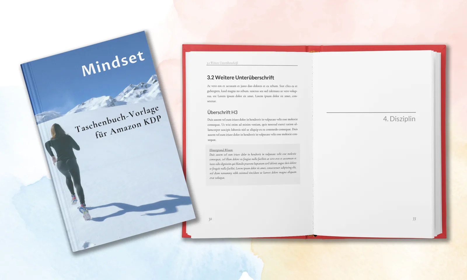 Mindset Taschenbuch-Vorlage Mockup mit Cover und aufgeschlagenem Buch, Inhaltsseite mit Überschrift und Text