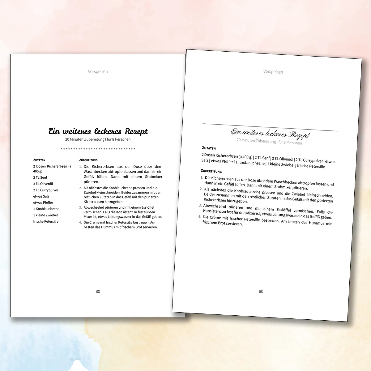 Aufgeschlagene Doppelseite aus Kochbuch mit Rezept Ein weiteres leckeres Rezept und Zutaten-/Zubereitung-Spalten