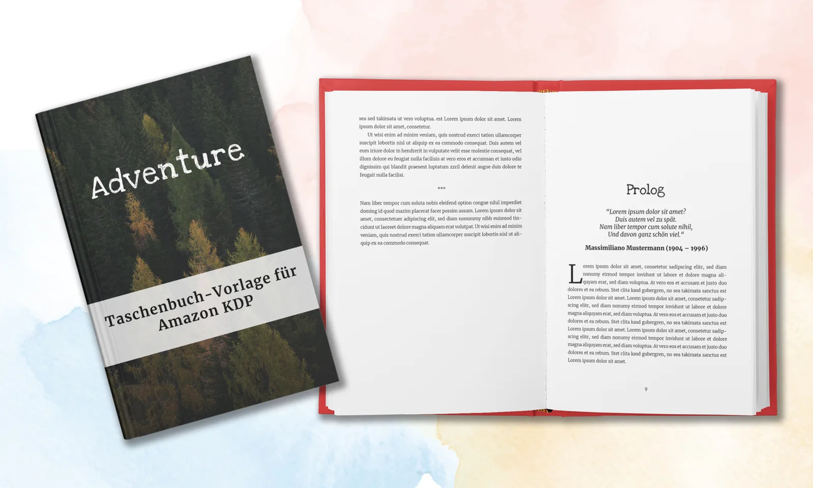 Adventure Taschenbuch-Vorlage Mockup mit dunklem Cover und aufgeschlagenem Buch mit Prolog-Text