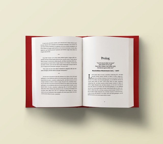 Aufgeschlagene Taschenbuch-Doppelseite mit Prolog und Lorem-Ipsum-Text