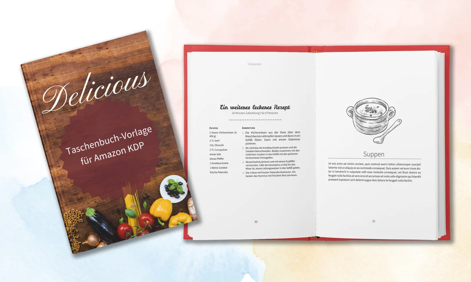 Delicious Taschenbuch-Vorlage für Amazon KDP mit Mockup des Covers und aufgeschlagenem Buch mit Rezeptseiten