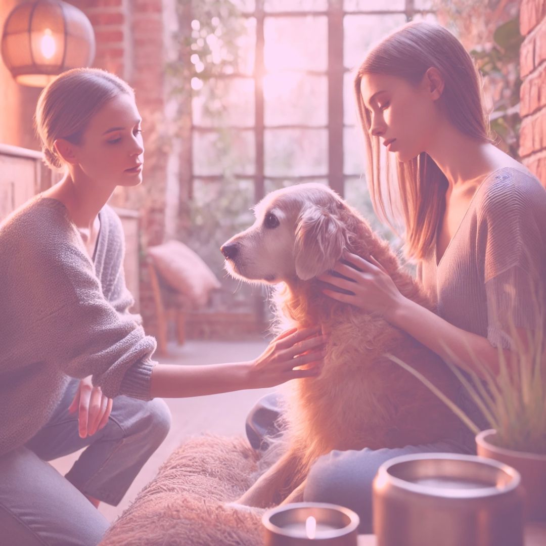 Demenz beim Hund – Videokurs für Senioren-Vierbeiner 4 Zwei Frauen sitzen neben älterem beige-weißem Hund in warmem Licht bei Kerzenschein, emotionale Abschiedssituation