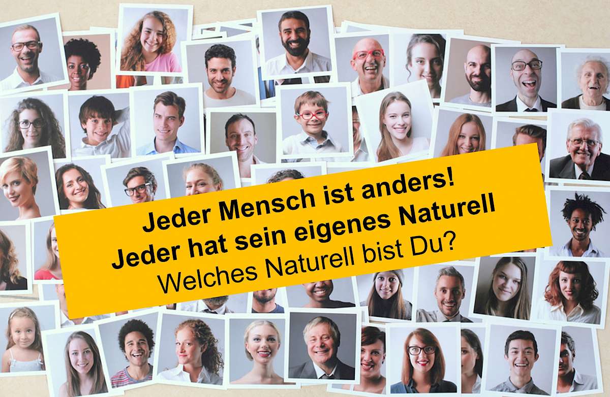 Collage von etwa 40 Porträt-Fotos verschiedener Menschen, gelbe Text-Overlay zu Naturell und Individualität