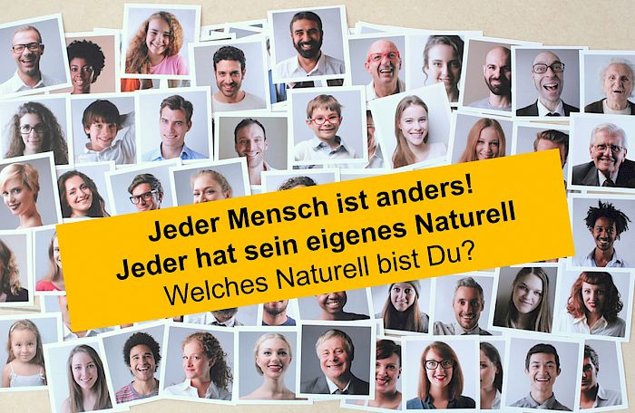 Collage von etwa 40 bunten Porträt-Fotos, gelbe Text-Overlay zu Naturell und Individualität