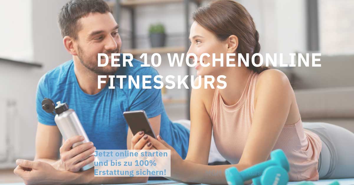 Der 10 Wochen Online-Fitnesskurs – Mein Gesundheitsmanager 2 Hero-Banner mit Paar beim Online-Fitnesskurs, Mann in blauem T-Shirt und Frau in rosa Top mit Handy und Wasser
