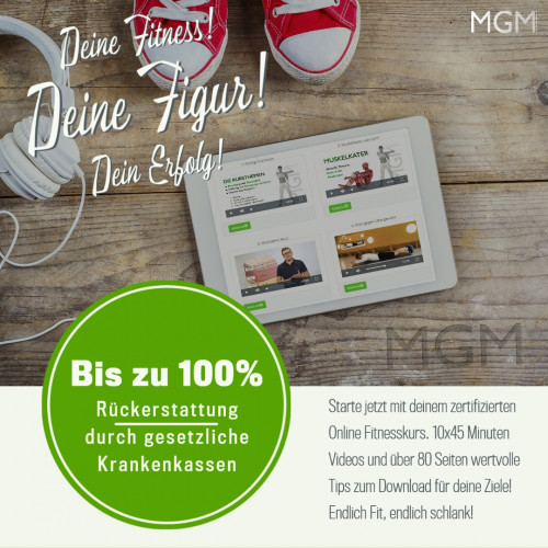 Der 10 Wochen Online-Fitnesskurs – Mein Gesundheitsmanager 1 Mockup eines Tablets mit Fitnesskurs-Videos auf Holztisch mit Sportgeräten und motivationaler Beschriftung