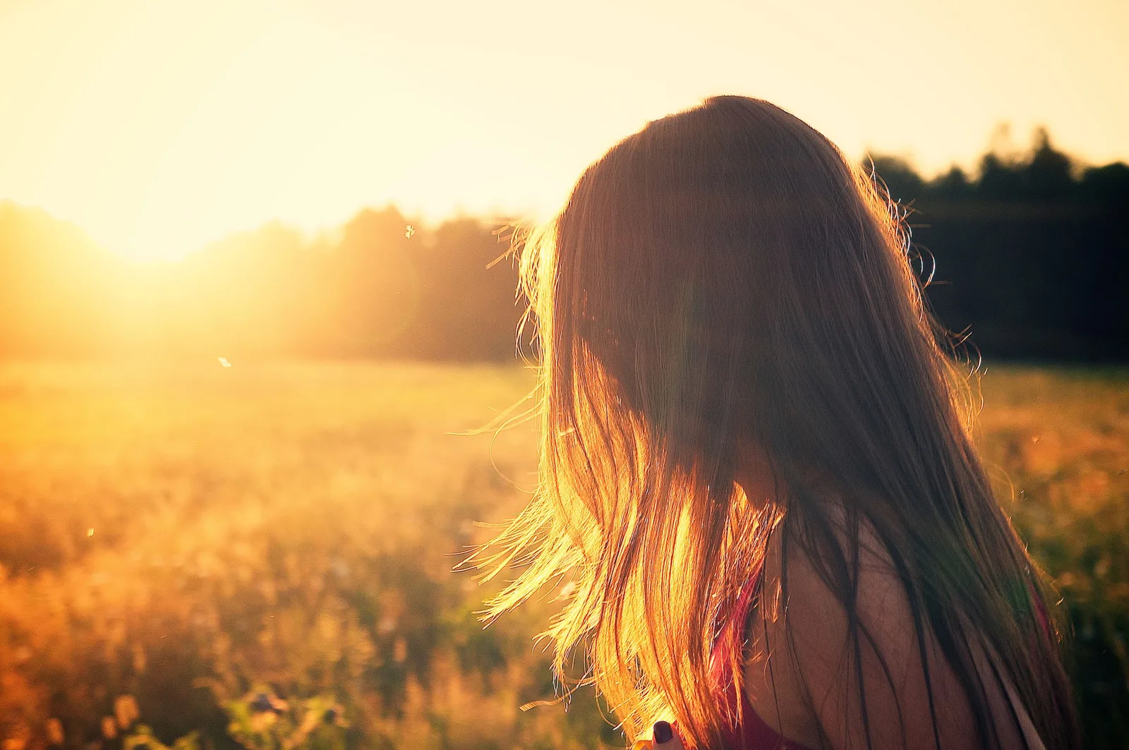 Frau mit langen Haaren von hinten bei Sonnenuntergang auf Feld