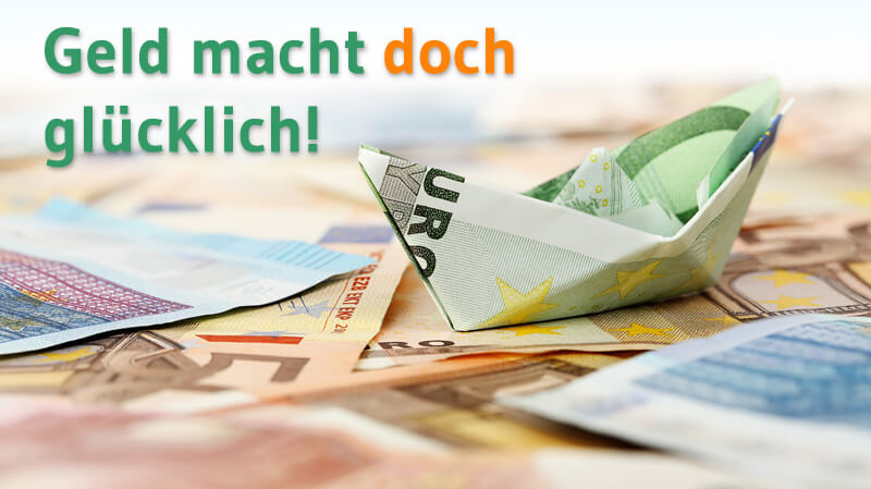 Hero-Banner mit Geldschein-Origami und Euro-Noten, Text: Geld macht doch glücklich!