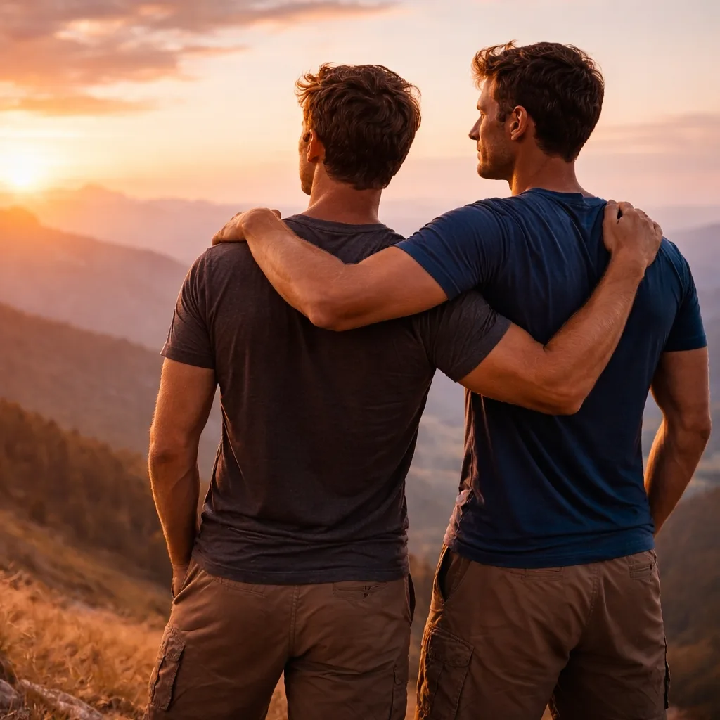 Zwei Männer umarmen sich bei Sonnenuntergang in Berglandschaft, Freundschaft